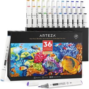 ARTEZA Art Alcohol Markers Set of 72 Colors, EverBlend Dual Tip Markers with Organizer Box, Fine and Broad Chisel Nib(Ocean Tones)