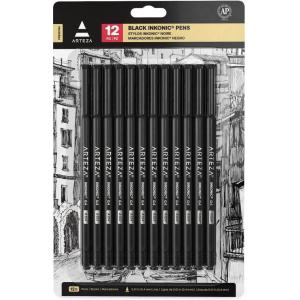 ARTEZA Black Inkonic Fineliners Pens, Set of 12, 0.4 mm Fine Tip Markers, Water-Based Art Pens for Drawing, Sketching, Journaling, Calligraphy(1 Count (Pack of 12))