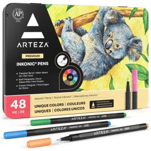 ARTEZA Black Inkonic Fineliners Pens, Set of 12, 0.4 mm Fine Tip Markers, Water-Based Art Pens for Drawing, Sketching, Journaling, Calligraphy(1 Count (Pack of 48))