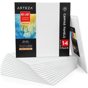ARTEZA Canvas Boards for Painting, 5 x 7 Inches, Pack of 14, Blank White Small Canvas Panels for Acrylic, Oil and Gouache Painting(10 x 10 (Pack of 14))