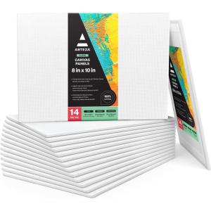 ARTEZA Canvas Boards for Painting, 5 x 7 Inches, Pack of 14, Blank White Small Canvas Panels for Acrylic, Oil and Gouache Painting(10″L x 8″W)