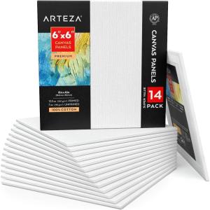 ARTEZA Canvas Boards for Painting, 5 x 7 Inches, Pack of 14, Blank White Small Canvas Panels for Acrylic, Oil and Gouache Painting(6 x 6 (Pack of 14))