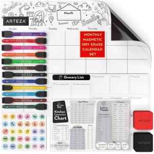 ARTEZA Dry Erase Magnetic Weekly Calendar Set (17×12 Inch), with 12 Whiteboard Markers, 30 Magnets, 2 Erasers, Organizer, Kitchen Planner Chart for Refrigerator, Fridge(13″W x 17″H)