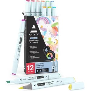 ARTEZA Dual Tip Brush Pens, 12 Vintage Tones, EverBlend Watercolor Calligraphy Markers, Nylon Brush and Medium Chisel Nib, Water-Based Ink(12 Pastel Tones)