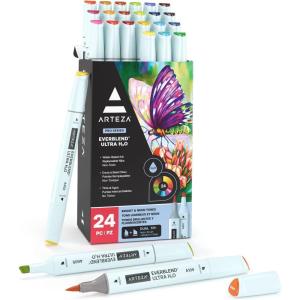 ARTEZA Dual Tip Brush Pens, 12 Vintage Tones, EverBlend Watercolor Calligraphy Markers, Nylon Brush and Medium Chisel Nib, Water-Based Ink(24 Bright and Neon Tones)