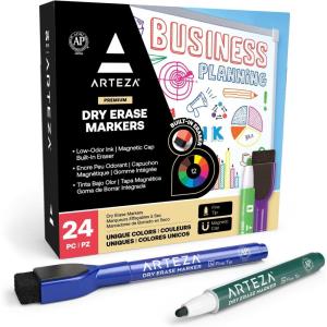 ARTEZA Fine Tip Dry Erase Markers with Erasers – 24-Pack Magnetic Whiteboard Pens, 12 Assorted Colors, Low-Odor Ink for Classroom, Office & Home(1 Count (Pack of 24))