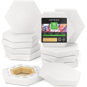 ARTEZA Hexagonal Stretched Canvas, 6 Inch Side, Pack of 9, Blank White Canvas Boards for Acrylic, Oil and Gouache Painting(2 inch)