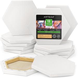 ARTEZA Hexagonal Stretched Canvas, 6 Inch Side, Pack of 9, Blank White Canvas Boards for Acrylic, Oil and Gouache Painting(4 inch)