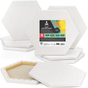 ARTEZA Hexagonal Stretched Canvas, 6 Inch Side, Pack of 9, Blank White Canvas Boards for Acrylic, Oil and Gouache Painting(6 inch)