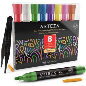 ARTEZA Liquid Chalk Markers, Set of 8, Metallic Colors, Erasable(Metallic)
