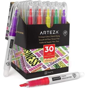 ARTEZA Liquid Highlighter Pens, Set of 30, Narrow Chisel Tip, 5 Assorted Colors(Assorted Colors)