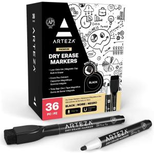 ARTEZA Magnetic Dry Erase Markers with Eraser, Bulk Pack of 60, Fine Tip, 4 Assorted Colors with Low-Odor Ink, Whiteboard Pens, School and Office Supplies(1 Count (Pack of 36))