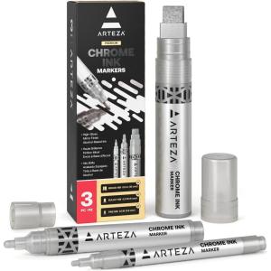ARTEZA Mirror Chrome Marker Set, 3 Pack, 2.9mm, 5mm & 15mm Nibs, Hi-Gloss Silver Metallic Pens(1 Count (Pack of 3))