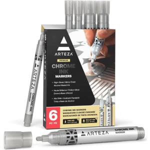 ARTEZA Mirror Chrome Marker Set, 3 Pack, 2.9mm, 5mm & 15mm Nibs, Hi-Gloss Silver Metallic Pens(1 Count (Pack of 6))
