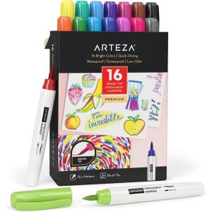 ARTEZA Permanent Markers – Set of 80 with 61 Assorted Colors, Low-Odor Quick-Dry Paint Pens, Broad, Fine, and Brush Tip for Arts, Crafts & Labeling(16 Brush Tip Pens)