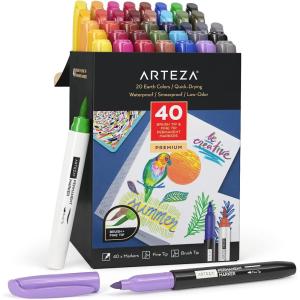 ARTEZA Permanent Markers – Set of 80 with 61 Assorted Colors, Low-Odor Quick-Dry Paint Pens, Broad, Fine, and Brush Tip for Arts, Crafts & Labeling(40 Brush & Fine Tip)