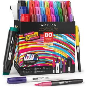 ARTEZA Permanent Markers – Set of 80 with 61 Assorted Colors, Low-Odor Quick-Dry Paint Pens, Broad, Fine, and Brush Tip for Arts, Crafts & Labeling(Set of 80  60 Assorted Colors)