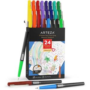 ARTEZA Permanent Markers, 40 Black Pens, Ultra-Fine Tip Paint Pens, Quick-Drying, Water Resistant, for Calligraphy and Note Taking, Office, Classroom(Set 24  12 Rainbow Colors)