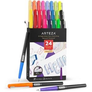 ARTEZA Permanent Markers, 40 Black Pens, Ultra-Fine Tip Paint Pens, Quick-Drying, Water Resistant, for Calligraphy and Note Taking, Office, Classroom(Set 24  Bright & Neon Colors)