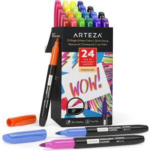 ARTEZA Permanent Markers, Set of 24, Fine Tip, Retro Pop Colors(Set 24  23 Bright & Neon Colors)
