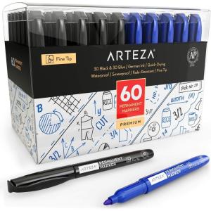 ARTEZA Permanent Markers in Bulk, Set of 60, Black & Blue, Fine Tip(Black/Blue)