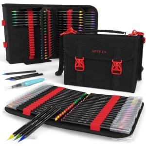 ARTEZA Real Brush Pens, 96 Watercolor Pens with 108-Slot Case, Drawing Markers with Flexible Brush Tips, Watercolor Markers for Artists(Artistic)