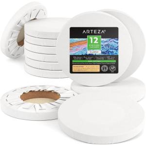 ARTEZA Round Stretched Canvas, 6 Inch Diameter, Pack of 12, Blank White Canvas Boards for Acrylic, Oil and Gouache Painting(6 inch)