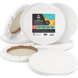 ARTEZA Round Stretched Canvas, 8 Inch Diameter, Pack of 10, Blank White Canvas Boards for Acrylic, Oil and Gouache Painting(10 Inch)