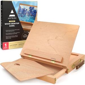 ARTEZA Tabletop Easel 13.4×10.3×2 Inches, Portable Beechwood Easel Box with Drawer & Palette for Artists(13.4 x 10.3 with 3-Compartment Drawer)