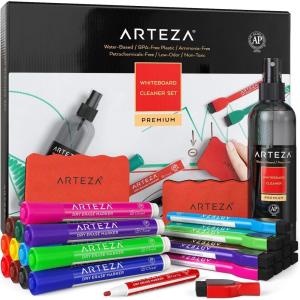 ARTEZA Whiteboard Cleaner Set with 12 Fine Tip Dry Erase Markers, Magnetic Eraser & an 8-ounce Cleaner, Office Supplies for Whiteboards, Glass Boards(27)