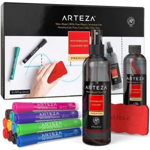 ARTEZA Whiteboard Cleaner Set with 12 Fine Tip Dry Erase Markers, Magnetic Eraser & an 8-ounce Cleaner, Office Supplies for Whiteboards, Glass Boards(15)