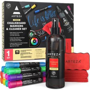 Arteza Chalkboard Cleaner Set with 2 Cleaners, 10-Ounces Each, 1 Microfiber Fabric Towel, 2 Magic Sponges & 1 Magnetic Eraser, Office Supplies for Chalkboards, Blackboards & Glass Surfaces(15)