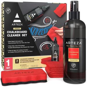 Arteza Chalkboard Cleaner Set with 2 Cleaners, 10-Ounces Each, 1 Microfiber Fabric Towel, 2 Magic Sponges & 1 Magnetic Eraser, Office Supplies for Chalkboards, Blackboards & Glass Surfaces(3)