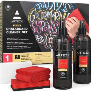 Arteza Chalkboard Cleaner Set with 2 Cleaners, 10-Ounces Each, 1 Microfiber Fabric Towel, 2 Magic Sponges & 1 Magnetic Eraser, Office Supplies for Chalkboards, Blackboards & Glass Surfaces(6)