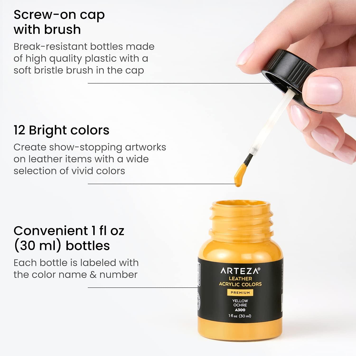 imageARTEZA Acrylic Leather Paint Set of 12 1 fl oz Bottles WaterResistant Fabric Paint for Shoes Art Supplies for Painting Furniture Clothes Belts Wallets and Bags
