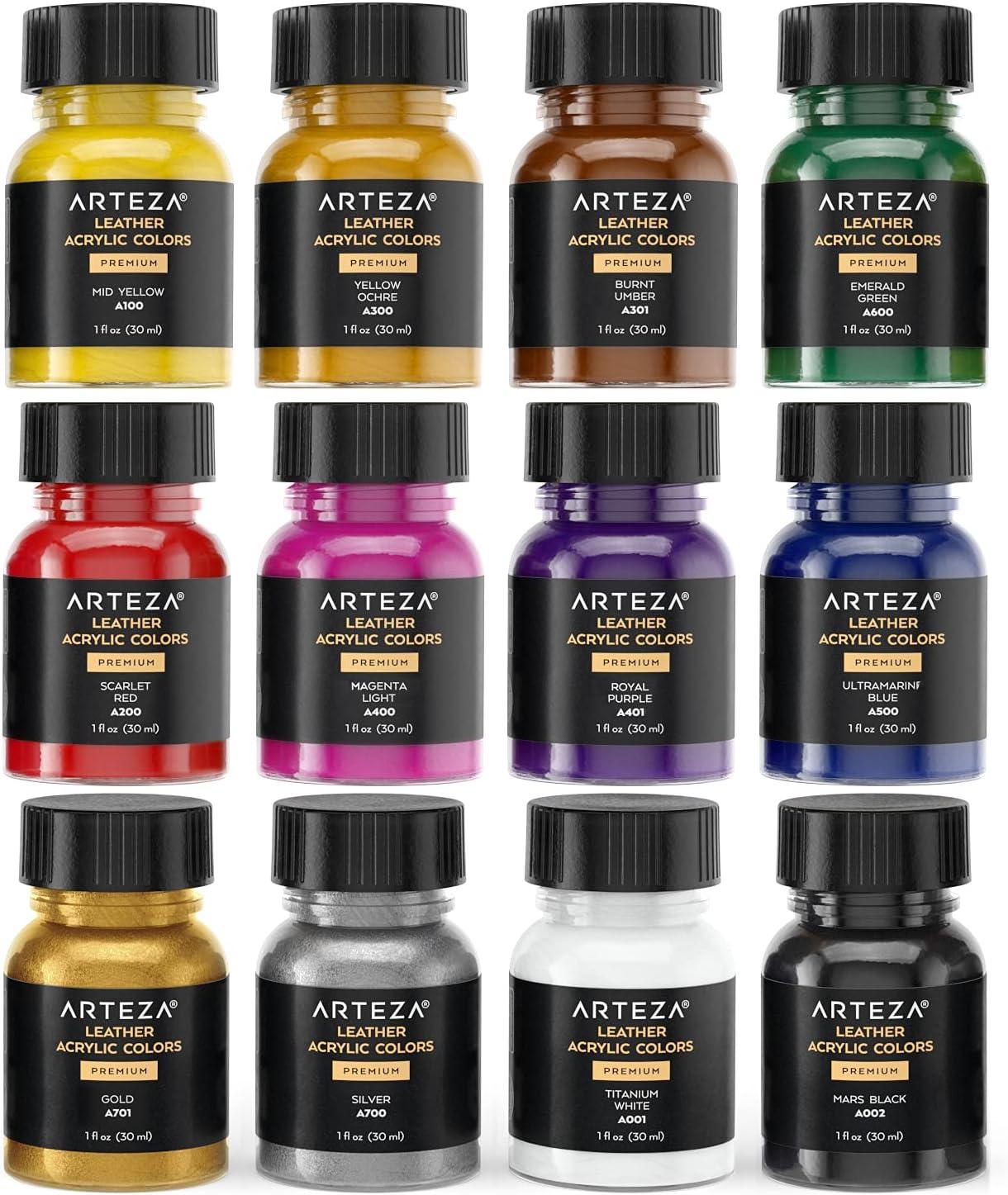 imageARTEZA Acrylic Leather Paint Set of 12 1 fl oz Bottles WaterResistant Fabric Paint for Shoes Art Supplies for Painting Furniture Clothes Belts Wallets and Bags