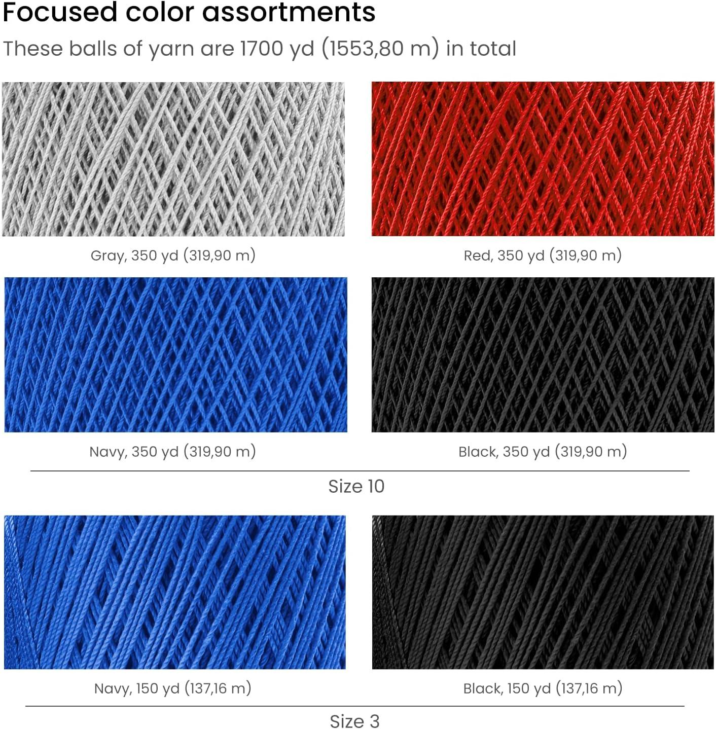 imageARTEZA Crochet Thread Set of Black Gray Blue ampamp Red of 100 Cotton Yarn for Crocheting Mercerized Soft and Colorful KnittingSize 10 in Black Gray Blue Red Size 3 in Black Blue