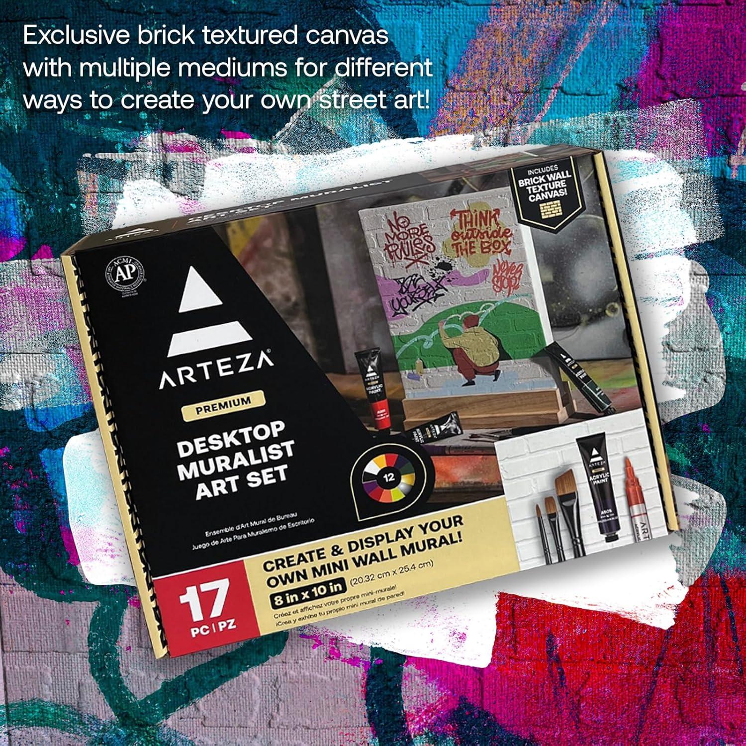 imageARTEZA Desktop Muralist Art Set 17Piece Graffiti Painting Kit with Brick Canvas Acrylic Paint Markers ampamp Brushes Art Gift for Teens ampamp Adults