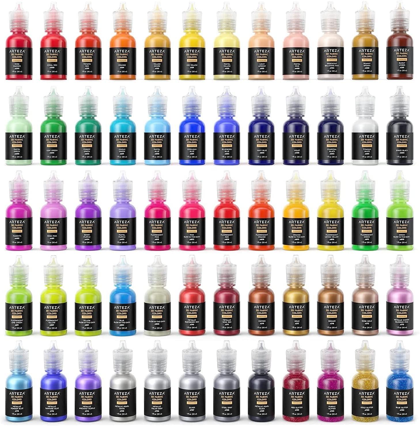 imageARTEZA Fabric Paint Set of 60 Permanent 3D Paint Permanent Paint for Decorating TShirts Ceramics Textiles and Glass MetallicMetallic