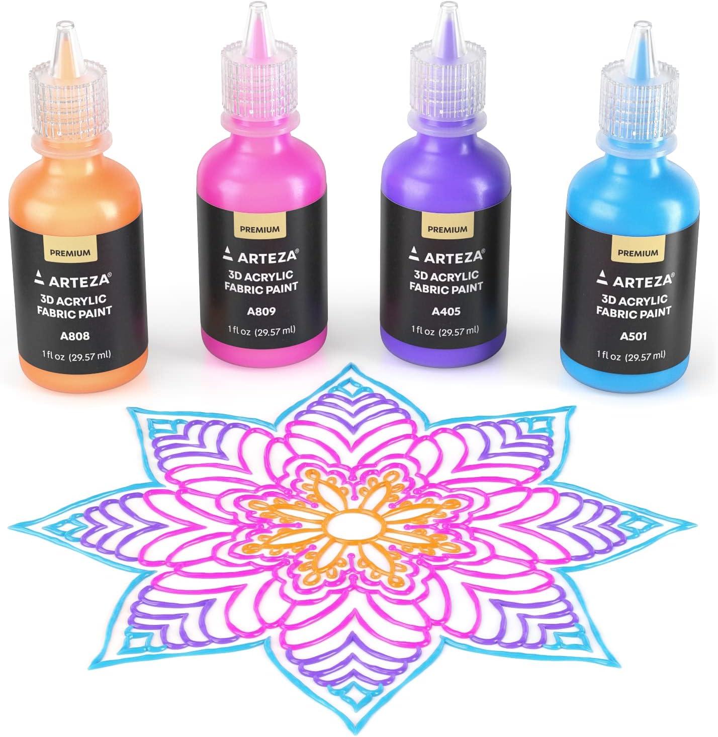 imageARTEZA Fabric Paint Set of 60 Permanent 3D Paint Permanent Paint for Decorating TShirts Ceramics Textiles and Glass MetallicMulticolor
