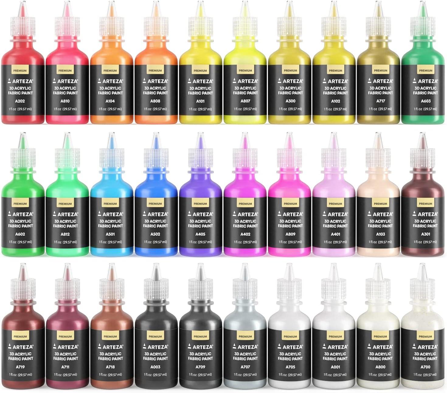 imageARTEZA Fabric Paint Set of 60 Permanent 3D Paint Permanent Paint for Decorating TShirts Ceramics Textiles and Glass MetallicMulticolor
