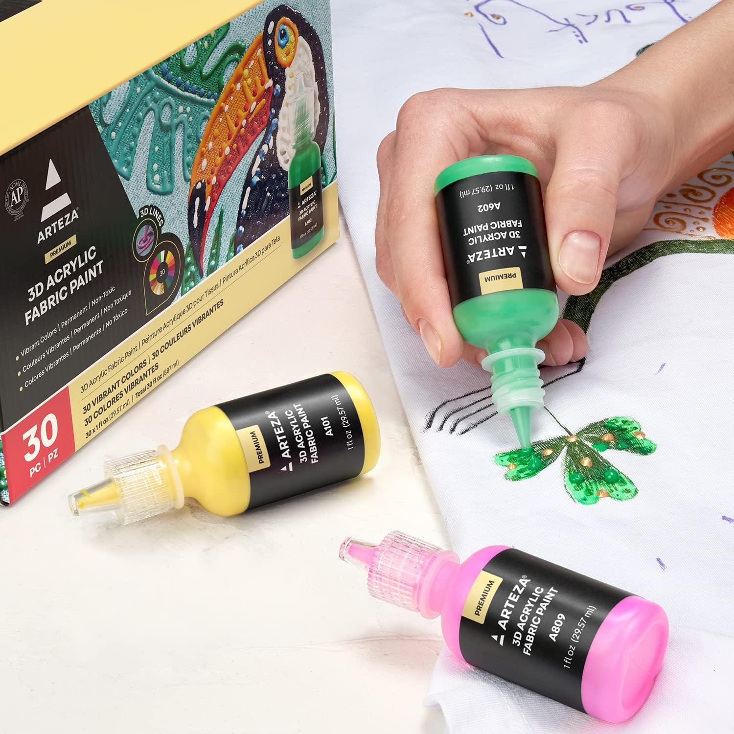 imageARTEZA Fabric Paint Set of 60 Permanent 3D Paint Permanent Paint for Decorating TShirts Ceramics Textiles and Glass MetallicMulticolor