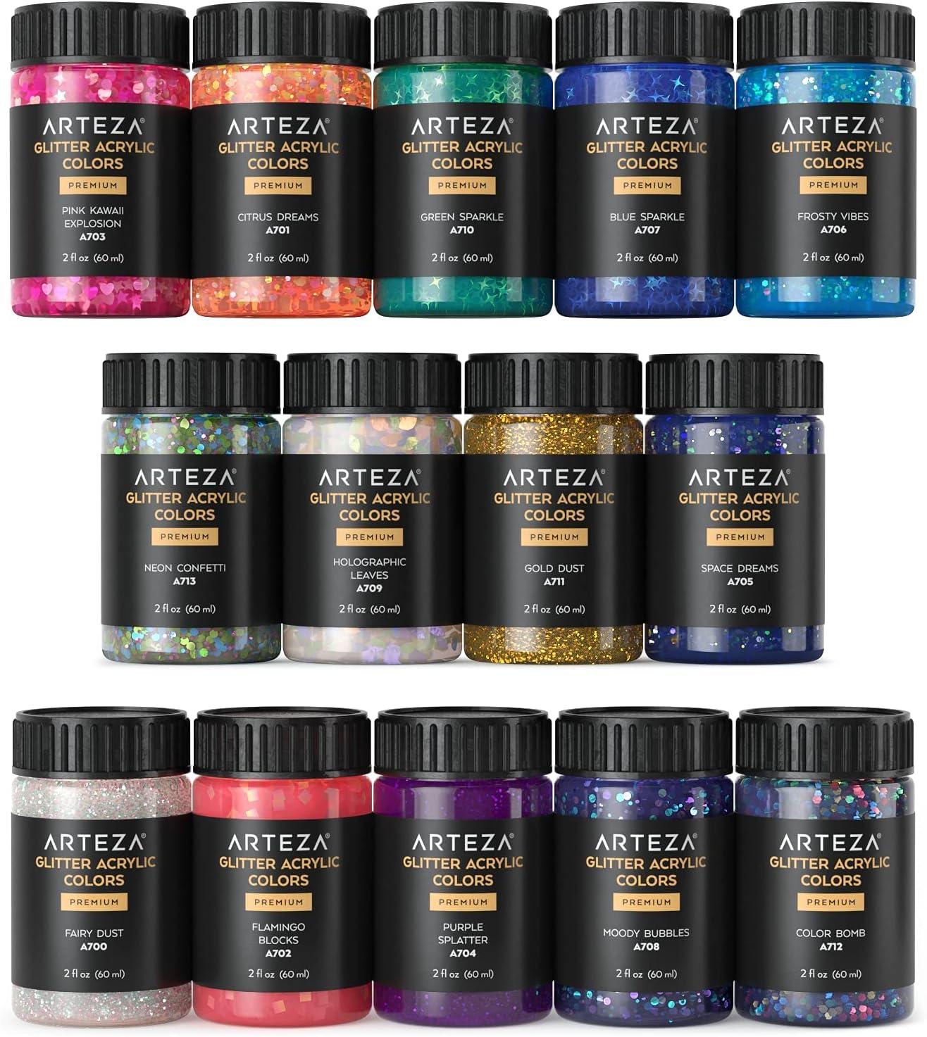 imageARTEZA Glitter Acrylic Paint 14 Iridescent Colors 2 fl oz Bottles Transparent Base Iridescent Paint with Chunky Glitter Art Supplies for Adding Accents to Canvas Paper Wood and Glass