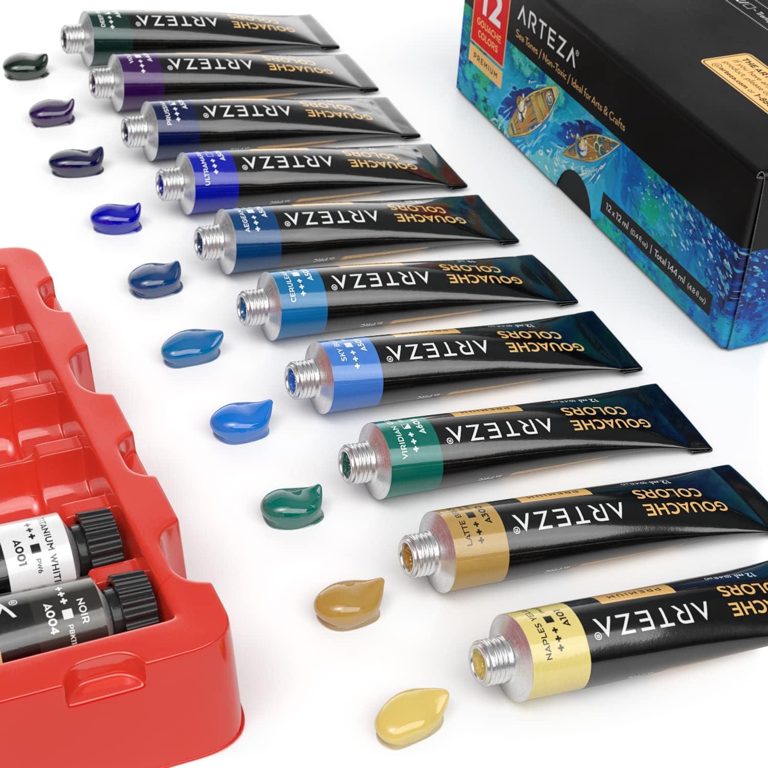 imageARTEZA Gouache Paint 12 Colors Sea Tones 04 US fl oz Tubes Opaque WaterBased Paint for Canvas and Paper Art Supplies for Professionals Students
