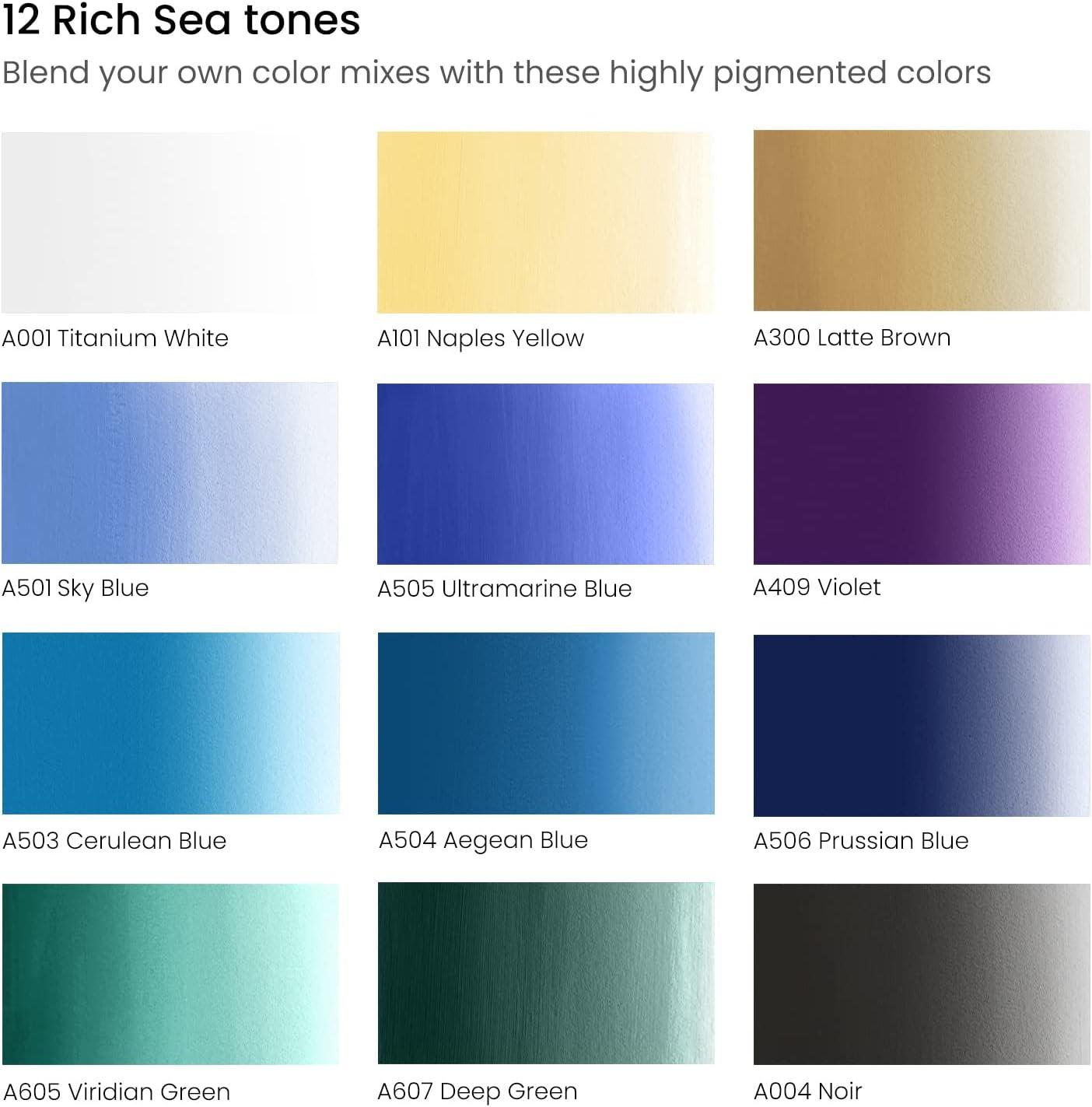 imageARTEZA Gouache Paint 12 Colors Sea Tones 04 US fl oz Tubes Opaque WaterBased Paint for Canvas and Paper Art Supplies for Professionals Students
