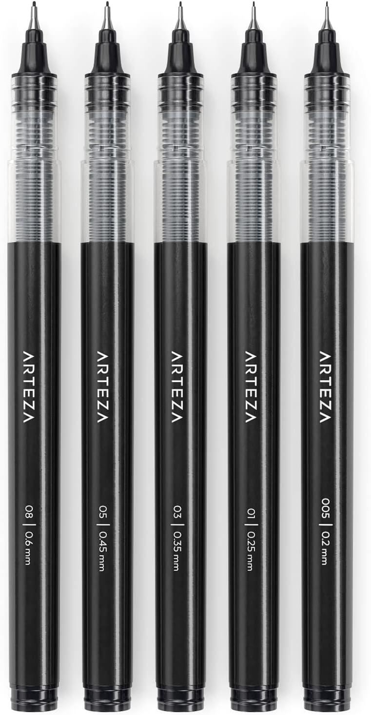 ARTEZA Micro-Line Ink Pens, Set of 9, Black Fineliners with Japanese ...