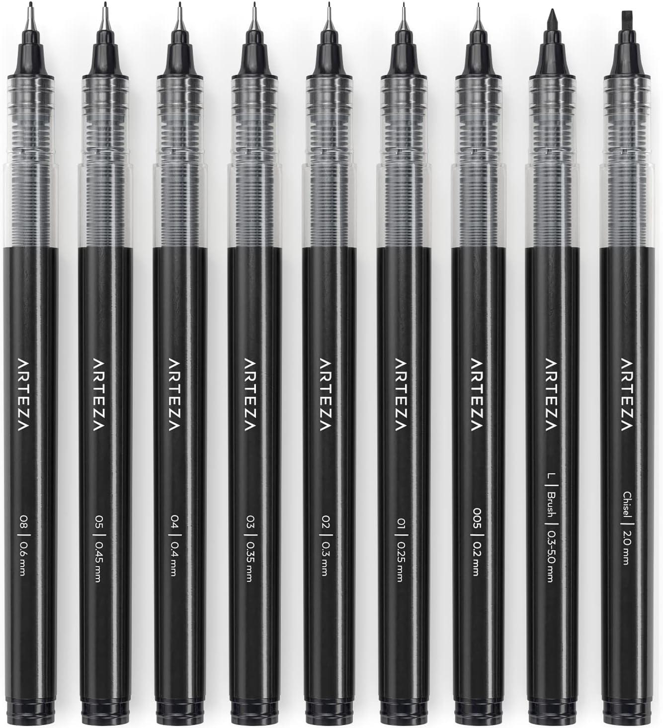 ARTEZA Micro-Line Ink Pens, Set of 9, Black Fineliners with Japanese ...