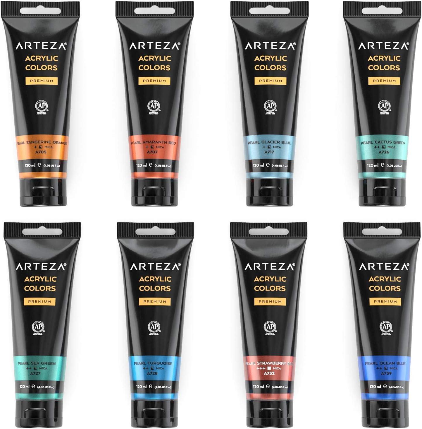 imageARTEZA Pastel Acrylic Paint Set of 8 Metallic Tones 406 fl oz Tubes High Viscosity WaterBased Paint Glossy Finish Art Supplies for Painting Paper Canvas Wood and Fabric and DIY Projects8 x 120ml 406 fl oz Classic Elements