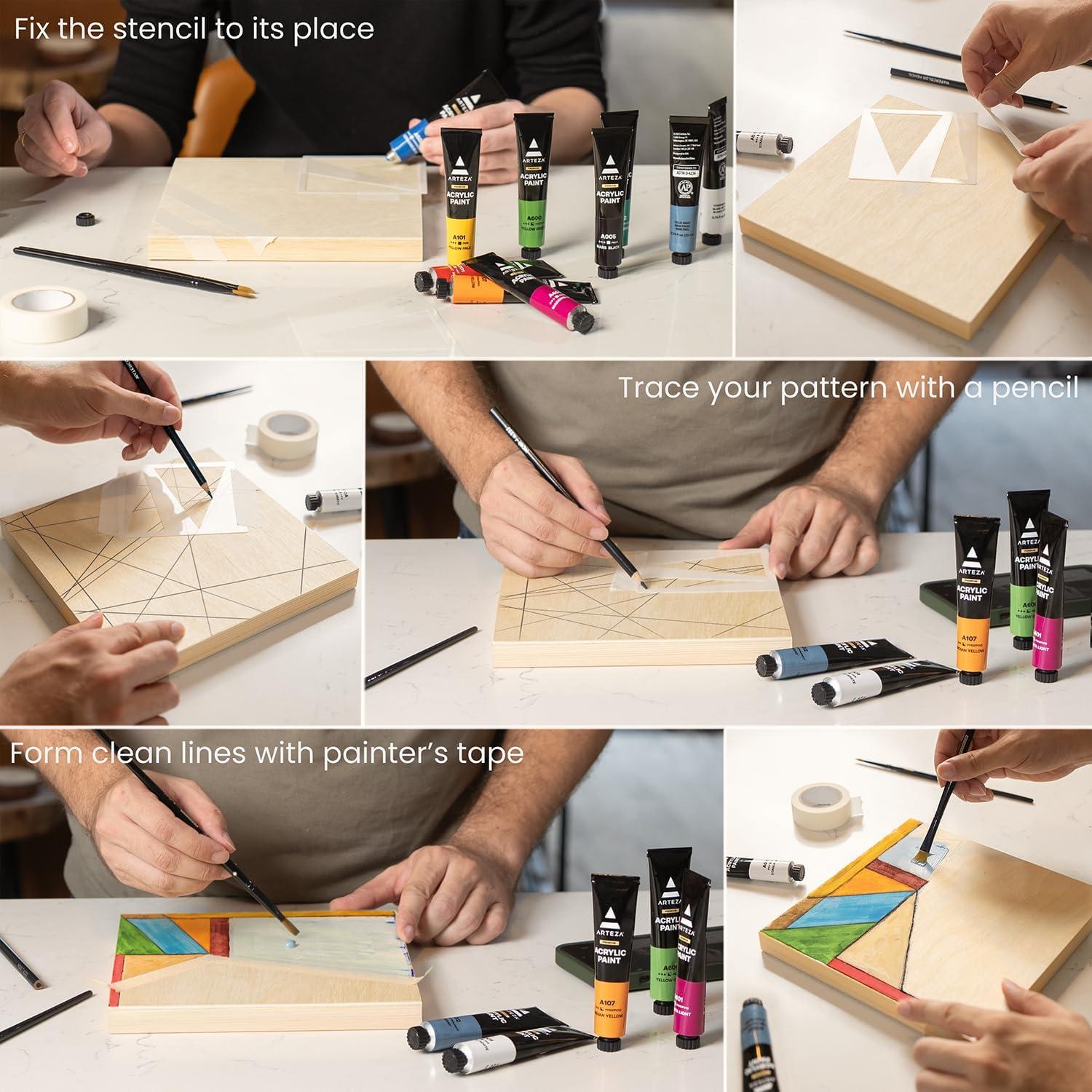 imageARTEZA Wood Painting Set with Acrylic Paint Foam Paint Brushes for Acrylic Painting Stencils Wood Canvas Cradle Art Boards ampamp Painters Tape Experience Box for Home Decor Painting ampamp Drawing