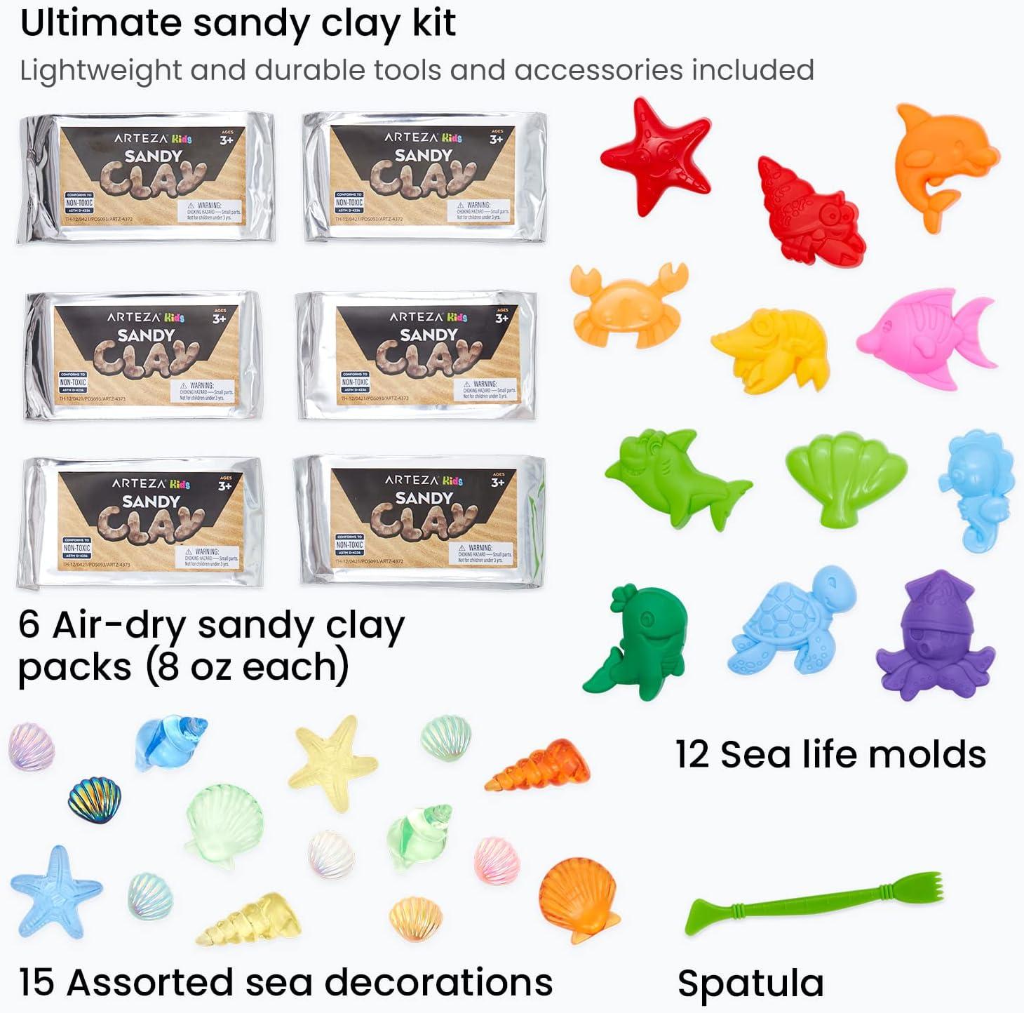 imageArteza Kids AirDry Modeling Clay Kit 6 x 8oz Packs 12 Sandy Clay Molds and 15 Assorted SeaLife Beach Decorations Soft Pliable Supplies for Kids Crafts and Sensory PlayPack of 6